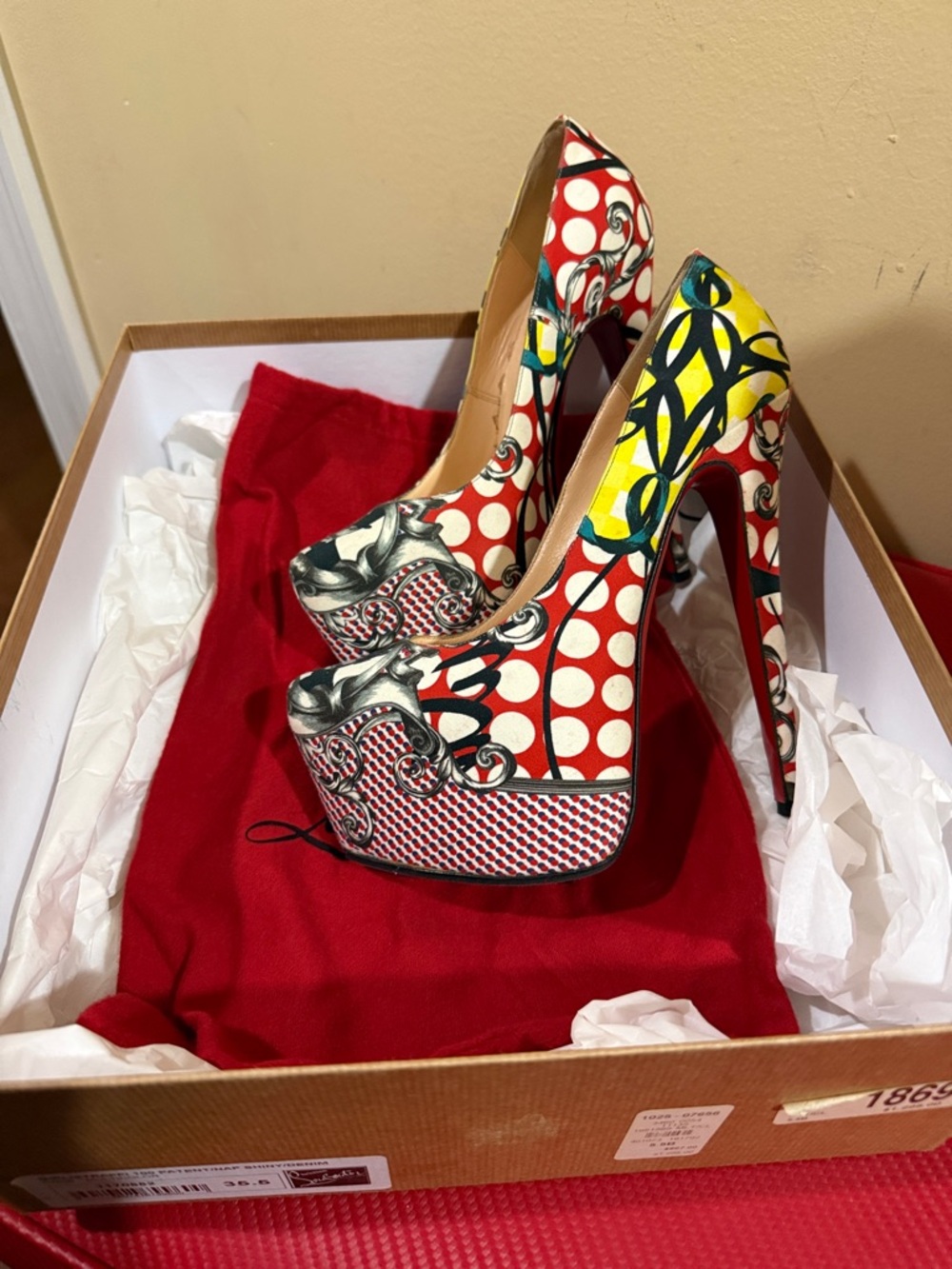 Rare Christian Louboutin Women's Red Multi-Pattern Platform Stiletto Pumps